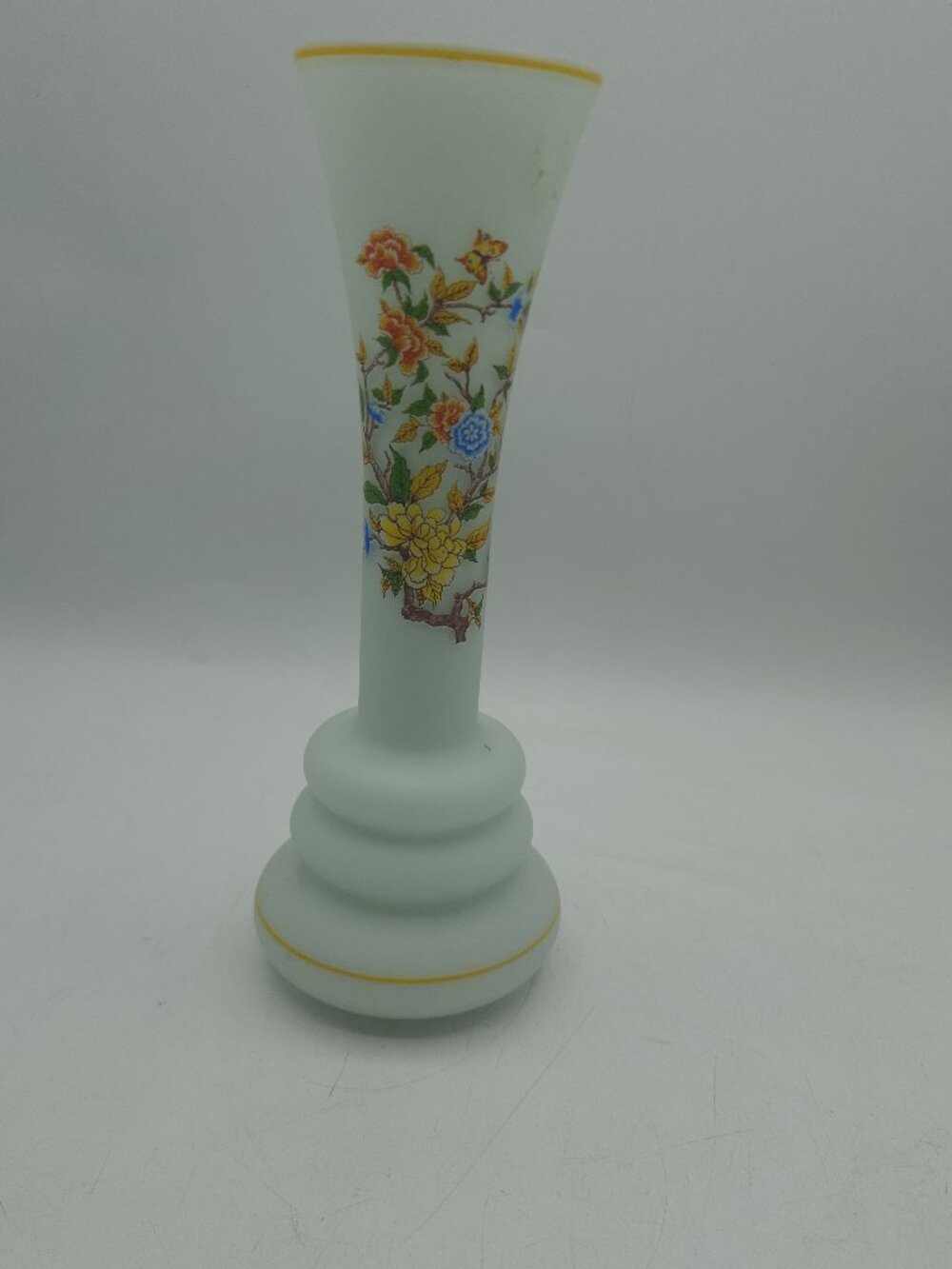 VTG White Frosted Glass Vase 10" Floral Butterfly